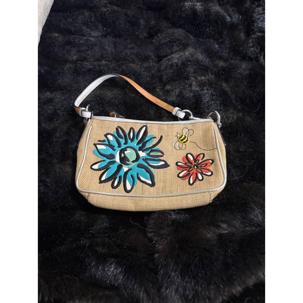 Coach Straw Floral Bee Embroidery Small Shoulder Bag Metallic Silver 8672